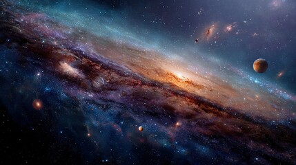 Wall Mural - an artist's depiction of a star system with planets in the foreground and a far-off galaxy in the ba