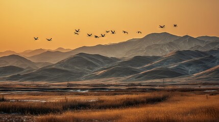 Wall Mural - a flock of birds flying over a mountain range at sunset, with a field in the foreground