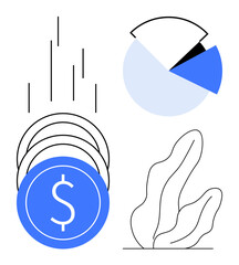 Poster - blue coins with dollar sign, pie chart segments, bar graph, and decorative plant line art. ideal for
