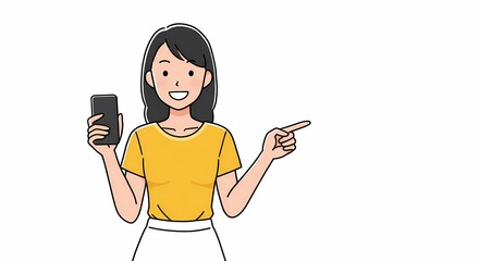 Poster - Illustration of a cheerful woman holding a smartphone and pointing towards a blank space, creating a visual cue for advertising or presentations