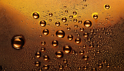 Poster - Golden surface with water droplets of varying sizes, creating a textured effect.
