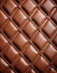 Poster - Brown leather upholstery with diamond pattern and decorative stitching, close up.