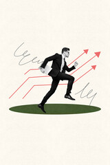 Poster - Creative collage poster of young worker guy run up cursor on pastel color background