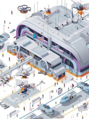 Poster - Futuristic Isometric Airport Showcasing Autonomous Drones and Advanced Transportation Technology in a Bustling Urban Environment Generative AI