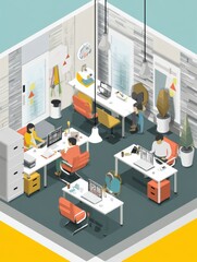 Leinwandbilder - Creative Workers Collaborate in an Isometric Office Space Filled With Modern Desks, Laptops, and Greenery During a Vibrant Workday Generative AI