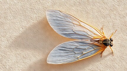 Wall Mural -   A high-resolution close-up of a giant bug resting on a white and beige background with a subtle wing cast shadow