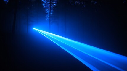 Wall Mural - Mysterious blue light beam in dark forest at night