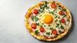 © pornpong - Delicious homemade pizza with fried egg in the center, cherry tomatoes, fresh basil, melted cheese crust, served on a light gray background, close-up