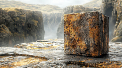 Poster - A harmonious 3D rendered cube displays realistic textures on a rocky surface viewed from a side angle in a stunning 4K background visual environment.