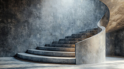 Poster - a photorealistic 4k side angle view of a concrete spiral staircase showcasing visual depth with ligh