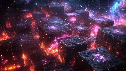 Poster - A creatively visual 4K background featu a realistic 3D side angle view of galaxy blocks with glowing lights, offe a stunning and abstract scene.