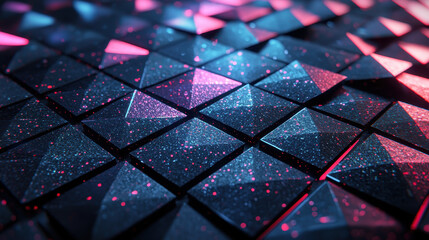 Poster - Realistic 4K 3D background showcasing dark triangular textures with side lighting, creating an abstract and modern geometric pattern for digital design projects.