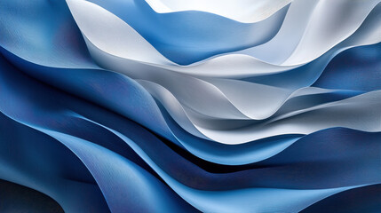 Poster - 4K realistic 3D background with layered designs in shades of blue and white showing intricate waves from a side angle creating a mesmerizing effect now!