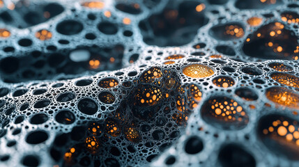 Poster - 4K realistic background shows 3D layered designs with glowing spheres in holes viewed from a side angle creating a dynamic and visually rich surface detail.