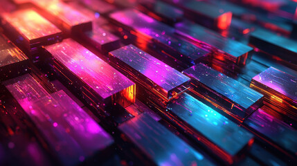 Poster - an angled view of realistic colorful 3d blocks creating an abstract patterned background with glowin