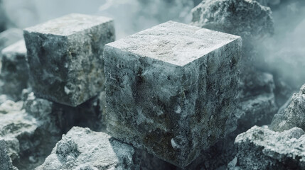 Poster - Realistic 4K geometric cubes create an impactful 3D background perfect for modern digital storytelling with stone texture and smoky atmosphere for visual impact.