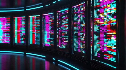 Wall Mural - Curved wall with glowing screens displaying colorful code in dark room