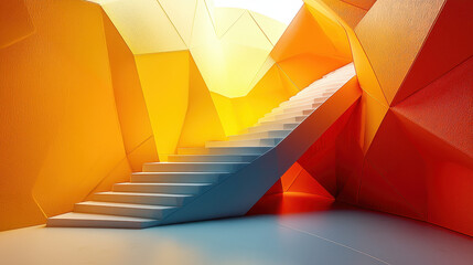 Poster - Geometric 3D background shows a realistic staircase narrative bathed in warm colors, creating a 4K side view of abstract architectural exploration and design.