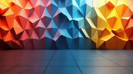 Poster - realistic 4k 3d background with colorful geometric shapes casting deep shadows on an angular, origam