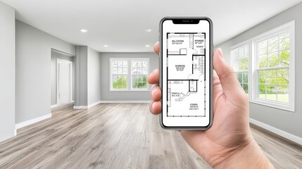 Hand holding smartphone displaying floor plan in empty modern living room with hardwood floors