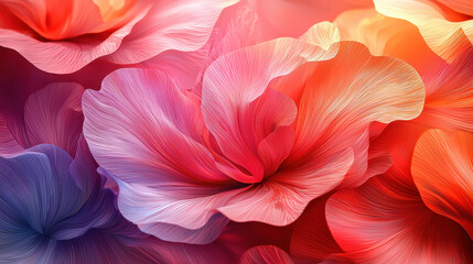 Poster - Bright floral art in realistic 4K presents a side angle view of delicate petal textures in a 3D rendered background with a blend of vibrant colors and light.