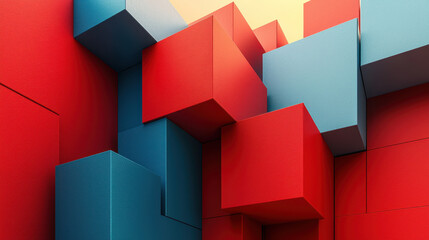 Poster - This realistic 4K side angle showcases bold, vibrant red and blue geometric 3D cubes creating an abstract architectural background design with depth and dimension.
