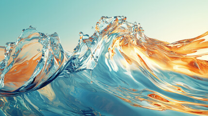 Poster - Artistic 3D rendered water wave with realistic details and laye in a 4K side angle view displaying vibrant colors, creating a captivating liquid background design.