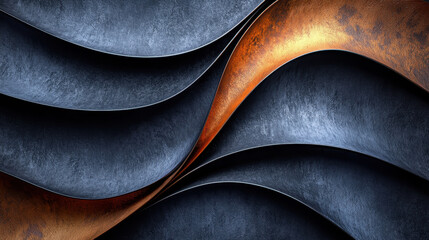 Poster - Artistic 3D render in 4K presents a realistic side view of flowing abstract waves with copper and blue textures, creating a visually stunning background.