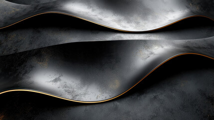 Poster - An artistic and realistic 4K 3D background shows undulating textured surfaces in dark metallic tones and gold accents, captured from a side angle perspective.