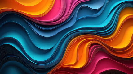 Poster - Vibrant 3D abstract background showcasing realistic 4K resolution, with smooth, flowing waves of blue, orange, and pink, creating a stunning visual illustration.