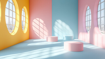 Poster - a 3d abstract background in 4k shows pastel color schemes and realistic light playing across platfor