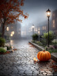 © Olga Yushkova - Autumn street scene featuring a pumpkin and glowing candles on a misty evening