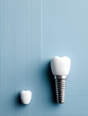 Aufkleber - Display of a Clean Tooth Implant Alongside a Natural Tooth on a Muted Blue Background With Ample Copy Space Available Generative AI