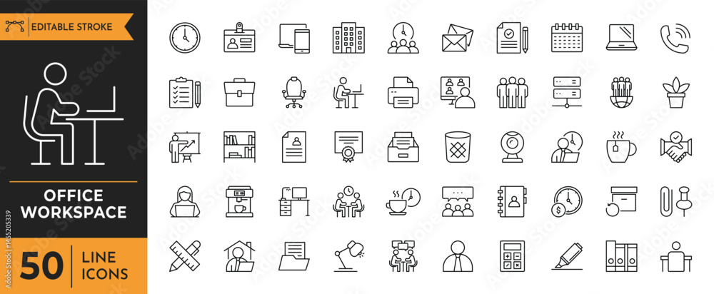 Office workspace outline icon set. Containing Workplace, desk ...