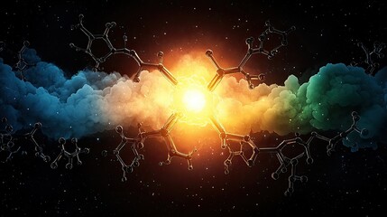 Poster - Abstract image depicting molecular structures within a colorful cosmos background