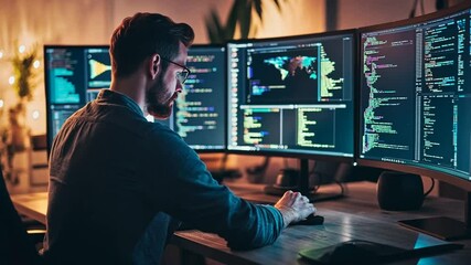 Focused software developer working on multiple monitors in his home office late at night