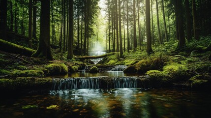  Serene forest stream cascading over moss-covered rocks, leading to a small waterfall hidden amongst tall trees, bathed in soft sunlight filtering through the dense canopy.