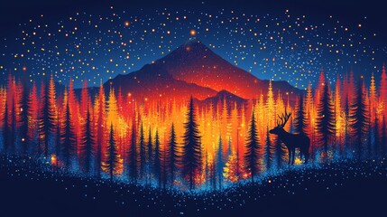 Wall Mural - a vibrant, nocturnal landscape of a fiery mountain range.
