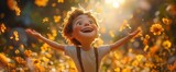 Joyful child surrounded by flowers and sunlight