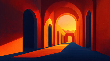 Poster - Colorful geometric shapes create a rhythmic architectural tunnel with warm light and ample copy space for modern graphic design and creative illustration.