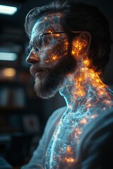 Aufkleber - Man with cybernetic glowing neural network overlay in dimly lit room