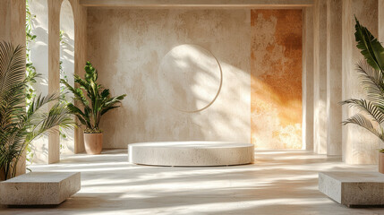 Poster - Captivating realistic 4K 3D background displays a side view of a minimalist stage surrounded by plants and architectural details in soft light creating depth.