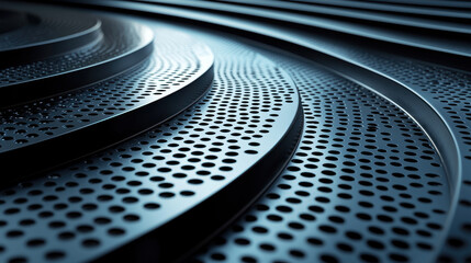 Poster - Realistic 4K 3D rende shows a close up of unique visual approaches on the metallic surface, featu intricate circular patterns and holes in a modern style.