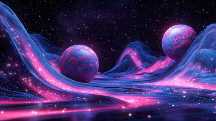 Poster - Side A 3D landscape with unique realistic planet compositions under starry 4K sky creates dreamlike scene for background, wallpaper, or artistic space exploration.