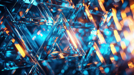 Poster - 4K realistic 3D background visuals feature triangular glass shapes in blue and orange, showing a side angle with a complex geometric abstract design.