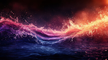 Poster - An energetic 3D background presents a realistic 4K side angle view of playfully colliding waves, showcasing powerful motion and vibrant colorful energy bursts.