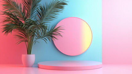 Poster - Realistic 4K 3D modern art showcasing a palm in front of a pastel backdrop with circle and platform, seen from a side angle and evoking a calming ambience.