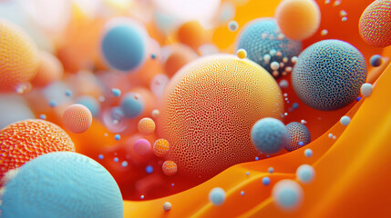 Poster - A realistic 4K 3D background featu a side view of geometric exploration with orange hues and a variety of soft blue and yellow spheres and particles.