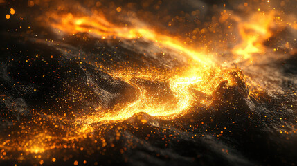 Poster - A 4K 3D energetic background showcases swirling realistic visuals with side lighting, as golden particles illuminate the abstract cosmic landscape beautifully.