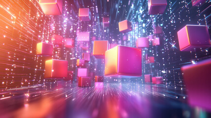 Poster - A realistic 4K side angle view of floating digital shapes creating a vibrant 3D background with abstract cube formations and glowing particles in space.